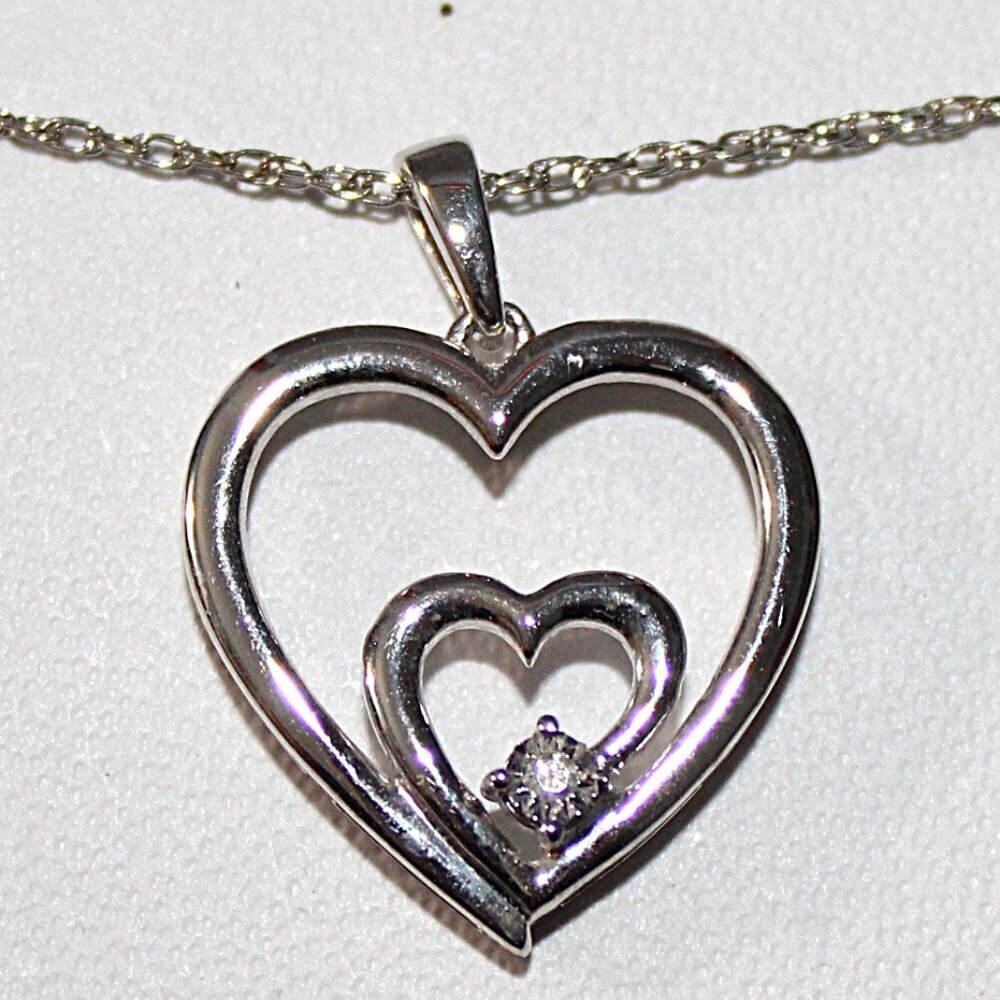 Sterling Silver Double heart Diamond Accent Necklace 18 Inches